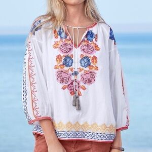 Tolani Floral Embroidered Tassel Tie Peasant Top